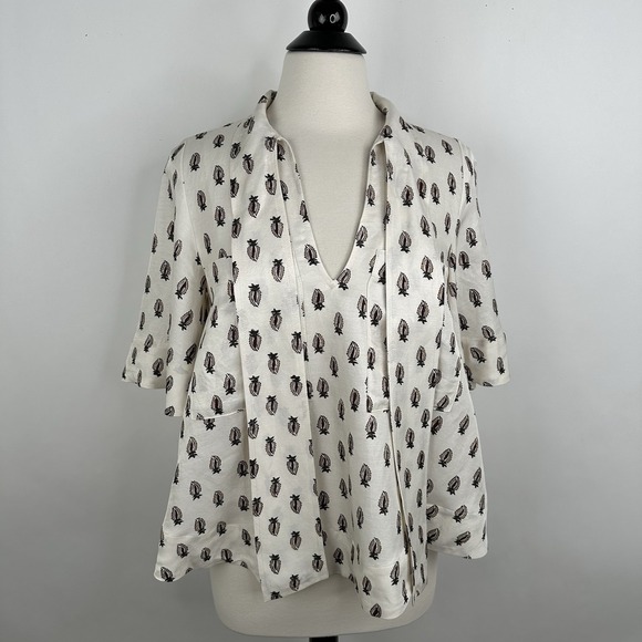 NWT Banana Republic‎ Viscose Linen Tie Neck Top SMALL Block Print Relaxed Blouse - Picture 8 of 17